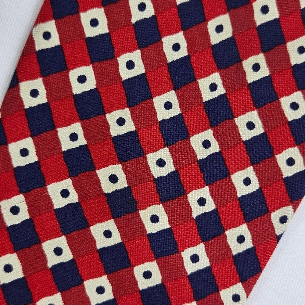 Liberty of London 100% Silk Men's Tie red Blue Cream Diamonds and Polka Dots